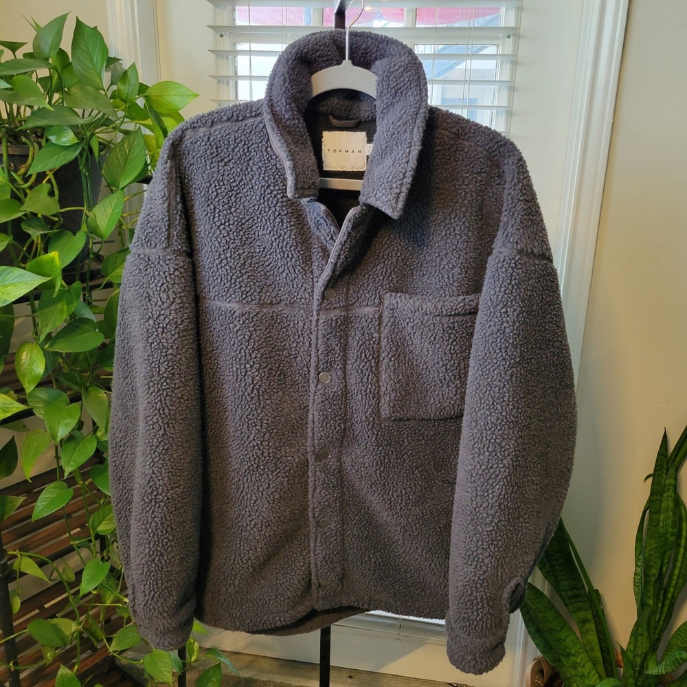 Topman Mens Grey Borg Fleece Shacket Button Front Shirt Jacket Size M Heavy